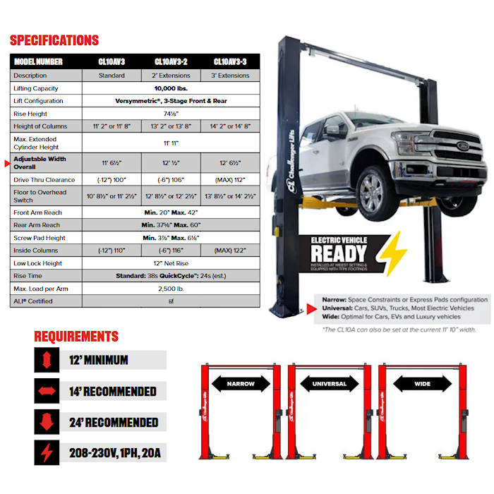 Challenger Lifts CL10AV3-3 Versymmetric Adjustable 176" Two Post Lift