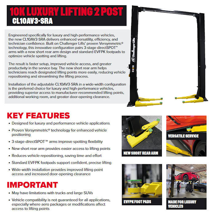 Challenger Lifts CL10AV3-SRA Low-Profile 143" Two Post Lift
