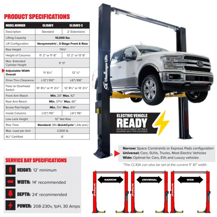 Challenger Lifts CL10AV3-2 Versymmetric Adjustable 164" Two Post Lift
