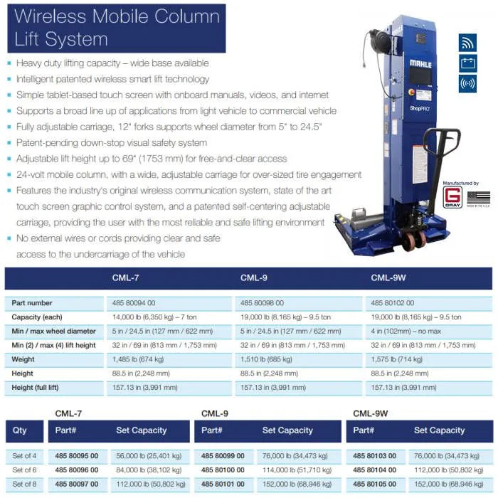 MAHLE ShopPRO CML-7 Wireless Mobile Column Lifts Set of 6