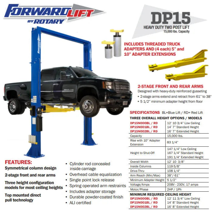 Forward Lift DP15N000 154" Two Post Lift 15,000 lbs. Capacity