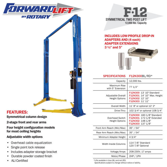 Forward Lift F12N302 154" Two Post Lift 12,000 lbs. Capacity