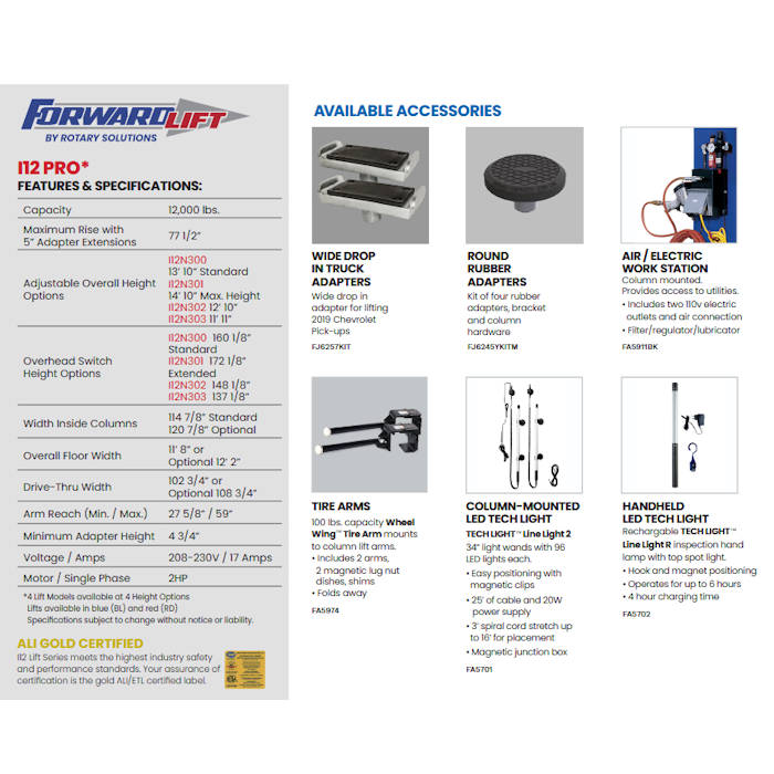 Forward Lift I12N300 Pro 166" Heavy-Duty Two Post Lift