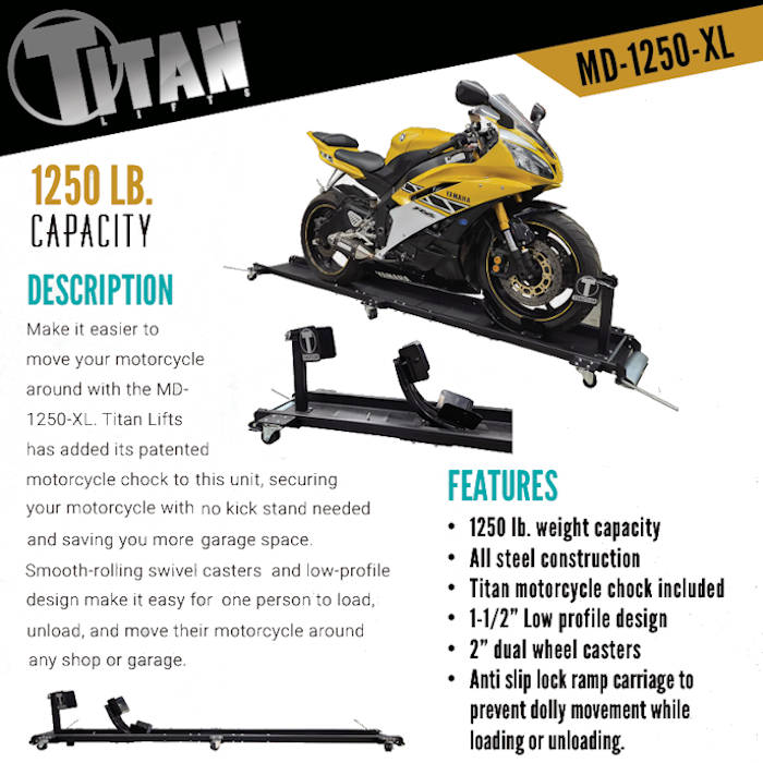 Titan Lifts MD-1250-XL Motorcycle Dolly With Wheel Chock